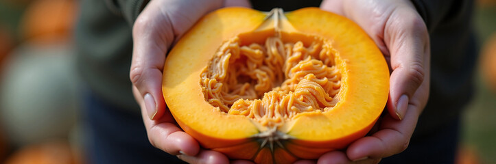 Half pumpkin in hands reveals its vibrant color and texture, showcasing seasonal harvest. Half pumpkin presents a rich, warm hue, symbolic of autumnal abundance and the promise of culinary delights,