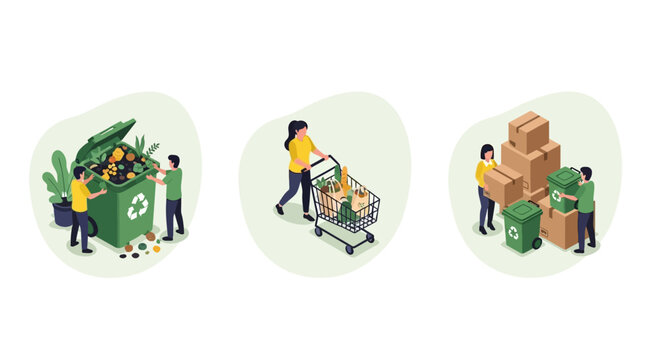 Illustrations depicting waste sorting recycling and responsible consumption habits for a cleaner environment