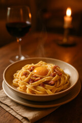 Creamy carbonara pasta with egg yolk, pancetta and black pepper served with red wine and candlelight ambiance