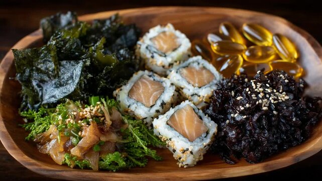 Discover a stunning top view of a wooden platter showcasing iodine-rich superfoods like codfish, sushi rolls, seaweed chips, and capsules, enhanced by dramatic natural lighting.