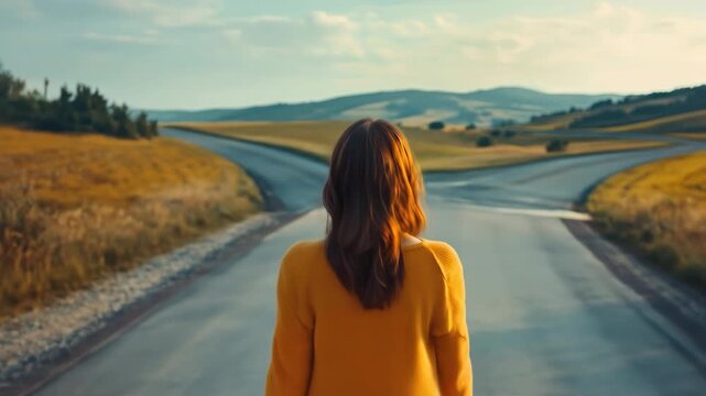 young woman standing at crossroads in rural landscape with clear sky, pondering life choices, back view. decision-making, motivational concept. metaphor for life's journey, decisions, new beginnings