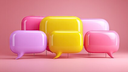 Group of glossy, colorful speech bubbles of various sizes on a pink background