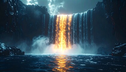 Fiery waterfall cascading into a dark pool