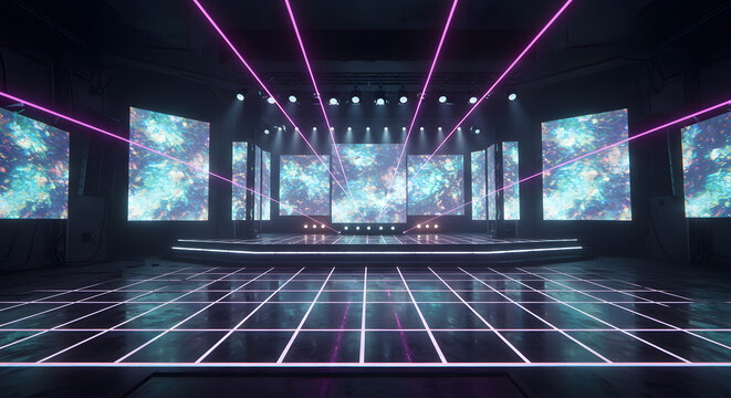 Neon-lit Stage with Vibrant Digital Screens and Laser Show for an Epic Night Event