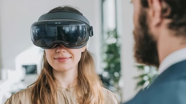 A smiling woman explores immersive experiences using a VR headset while engaging with a coworker in a bright, contemporary workspace. Cutting edge digital tools shape the future of business