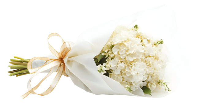 Elegant bouquet of white flowers wrapped in translucent paper for weddings and celebrations