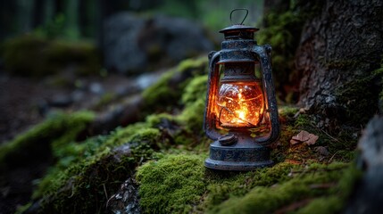 Classic Lantern Glowing in a Dark Forest: Vintage Camping Lights Amidst Moss and Trees at Night
