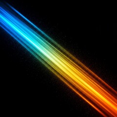 A vibrant diagonal beam of light with a blue to orange color gradient and sparkling particles on a black background.