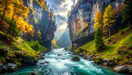 A breathtaking mountain river gorge scene in autumn, showcasing vibrant foliage and dramatic rock formations.