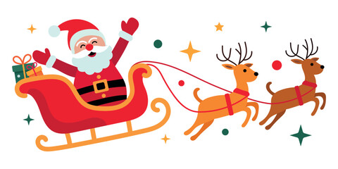 Santa Claus riding sleigh with reindeer and Christmas gifts in festive flat vector illustration