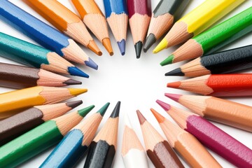 Fototapeta premium A pile of sharpened colored pencils arranged in a rainbow circle