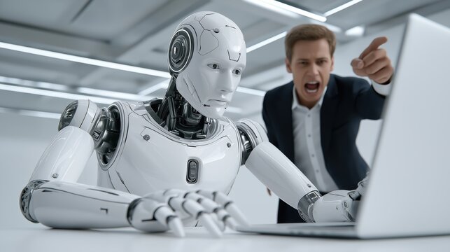 Angry businessman scolding humanoid robot while it works tensely at futuristic desk with glowing laptop, conveying frustration and tension.
