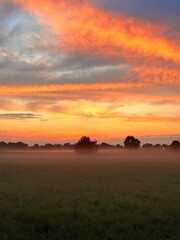 fantastic orange and purple sky, foggy sunset at the field in the countryside