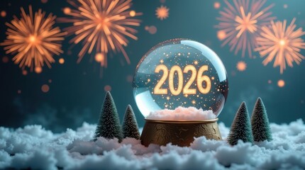 New year 2026 snow globe with fireworks and festive atmosphere