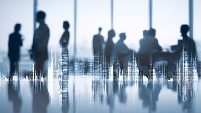 Business meeting silhouette, city overlay, blurred figures, collaboration - Powered by Adobe