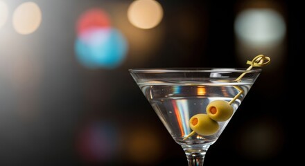 Classic martini cocktail with green olives on a toothpick in a glass, featuring blurred nightclub lights in the background for a party or celebration concept.