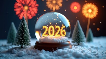 Snow globe with 2026 inside surrounded by snow covered pine trees and fireworks