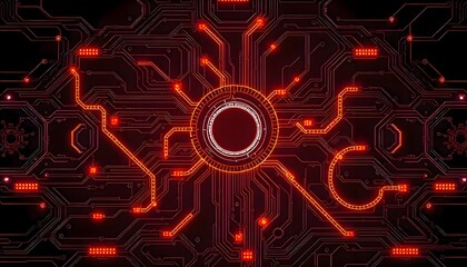 Computer circuit board with red neon light visible highlighting electronic components, digital technology, and complex modern hardware detail