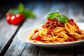 Delicious Vegan Spaghetti with Tomato Sauce Garnished with Fresh Basil on Rustic Wooden Surface