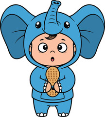 Adorable Baby Elephant Costume Character Holding a Waffle Sweet Treat Cartoon Illustration for Kids and Creative Projects