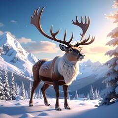 Majestic reindeer in snowy mountain scenery