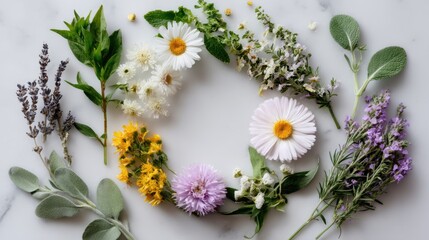 Fototapeta premium Variety of colorful fresh herbs and flowers arranged in circle on white background