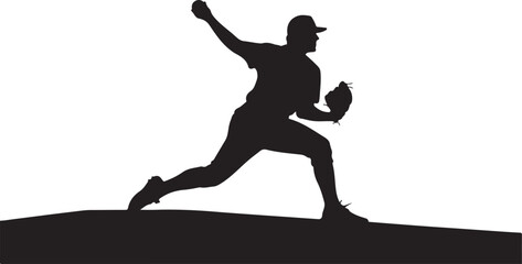 Black silhouette of a baseball pitcher throwing a ball on a white background sport