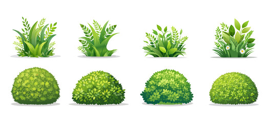 A collection of various transparent cartoon-style bushes with different shapes and sizes, including leafy trees, bare trees, and lush green bushes.