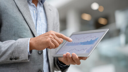 Asian male adult analyzing business data on digital tablet in office environment