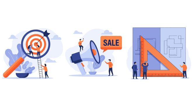 Illustrations depicting business growth strategies marketing planning and project development concepts for professional use