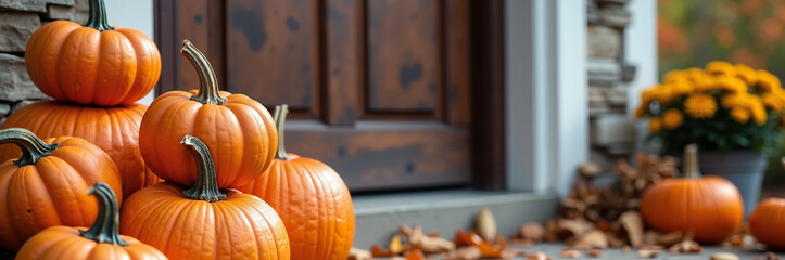 Pumpkin harvest displayed near wooden door. Pumpkin harvest in autumn season includes pumpkins of different sizes and yellow chrysanthemum flowers in pot.
