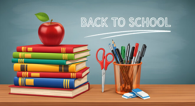 Stack of colorful books with apple and school supplies on a wooden desk