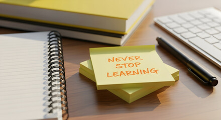 Never stop learning motivational message on sticky notes with books and keyboard