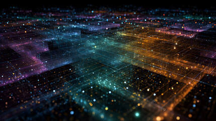Abstract futuristic digital data grid glowing with blue and orange lights technology background
