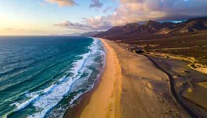 A breathtaking coastal landscape showcases a long, sandy beach meeting the turquoise ocean, with dramatic mountains rising in the background.