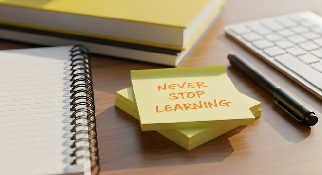 Never stop learning motivational message on sticky notes with books and keyboard - Powered by Adobe
