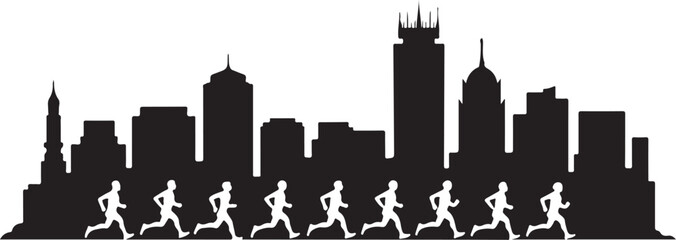 Obraz premium Black silhouette of runners in motion against a city skyline running marathon