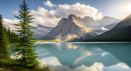 Majestic mountain range reflected in a serene turquoise lake with dramatic clouds