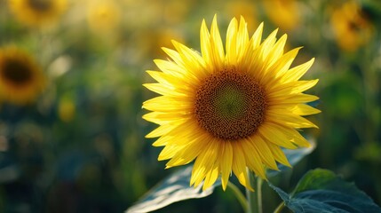 Fototapeta premium Golden Sunflower Blooming Under Sunset Light Against a Bright Background
