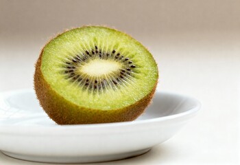Closeup of halved kiwi on white ceramic plate