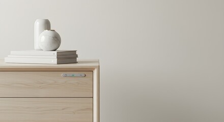 Elevate your space with this stunning modern wooden cabinet, elegantly styled with minimalist decor and sophisticated marble vases.