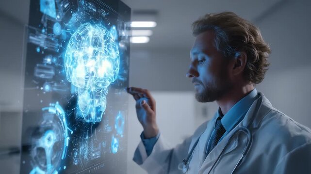 A professional scientist analyzes a glowing virtual brain interface, symbolizing innovation in medical research. The scene highlights the integration of AI and digital diagnostics in medicine