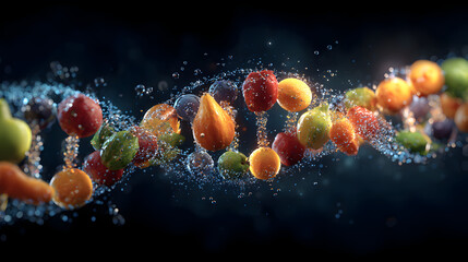 DNA strand made of fruits and vegetables abstract biotechnology nutrition background
