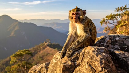 A monkey sits serenely on a rocky summit, overlooking a vast mountain range bathed in golden light.