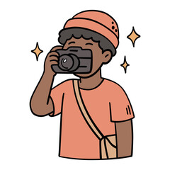 Cute Black young man in a beanie taking a photo with a camera. Hand-drawn pastel doodle illustration, ideal for stickers, posters, social media, photography themes, and creative projects.