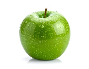 A vibrant, single, fresh green , glistening with water droplets, is presented against a plain white background.