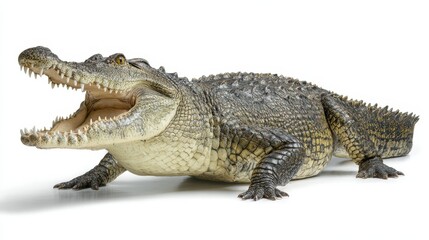Obraz premium Majestic Alligator with Mouth Agape Isolated on Crisp White Background, Displaying Giant Jaw and Fearsome Tongue