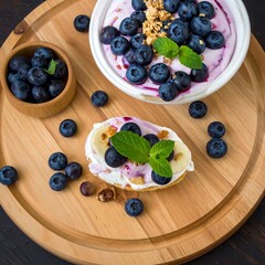 Yogurt parfaits on a wooden board