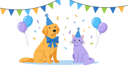 Cute Dog and Cat Wearing Party Hats Celebrating a Birthday with Balloons and Confetti
