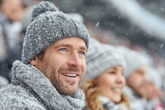 Winter sports fans enjoy a snowy day at the stadium with smiles and warm clothing during a thrilling game